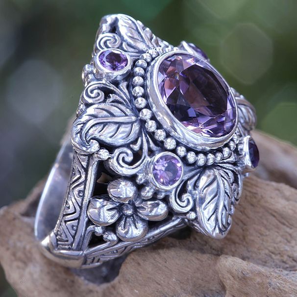 luxury Amethyst Ring, Thai Silver Tree Leaf Flower Ring_ipsvogv.com