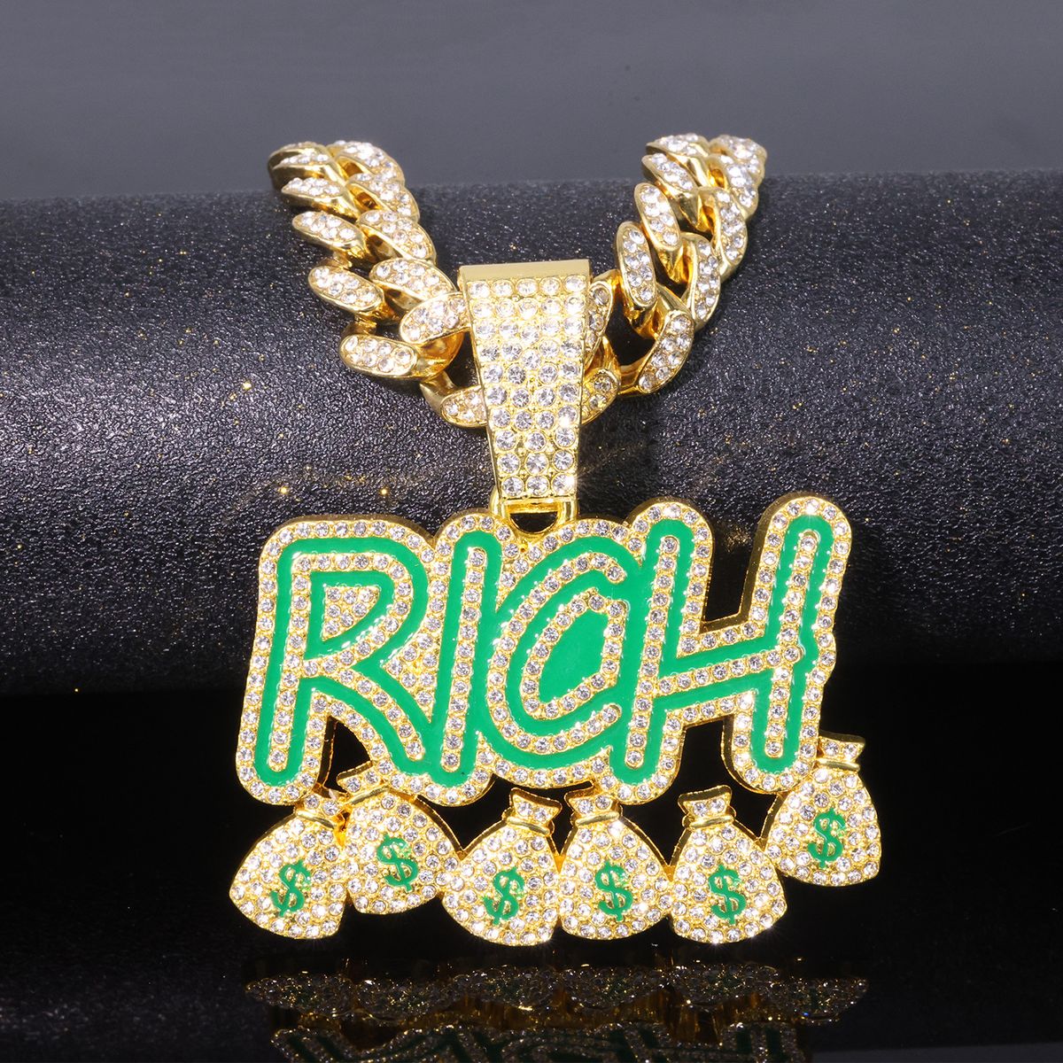Unisex Jewelry Full Diamond RICH Letter Purse Pendant Men's Trendy Rock Hip Hop Necklace_ipsvogv.com