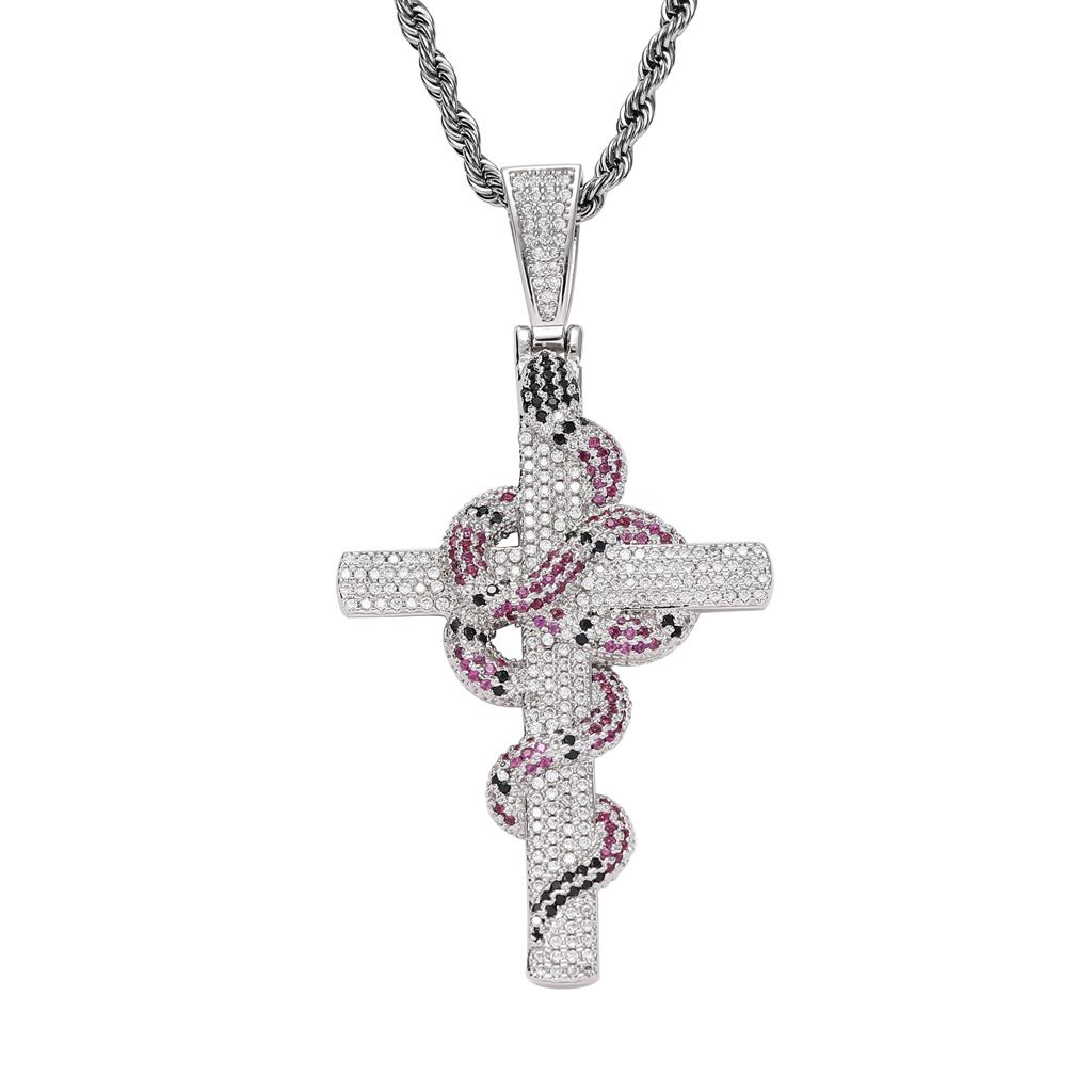 Ins necklace men's retro green cross snake pendant personality creative copper micro inlaid zircon hip hop jewelry_ipsvogv.com