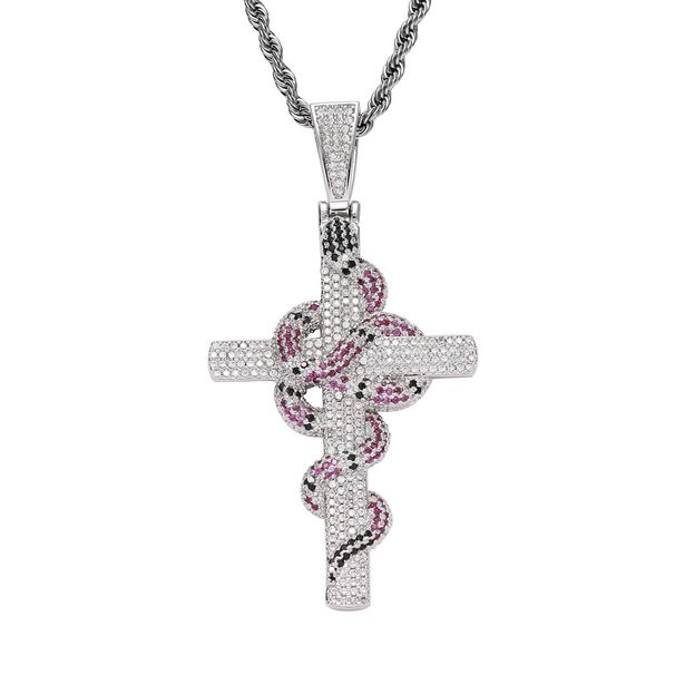 Ins necklace men's retro green cross snake pendant personality creative copper micro inlaid zircon hip hop jewelry_ipsvogv.com