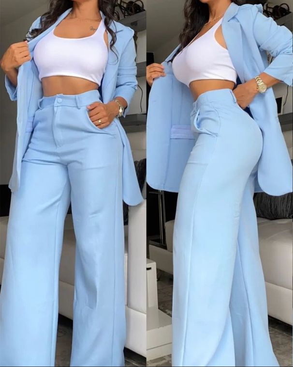 Women's Clothing, Elegant And Solid Color Split Sleeve Lapel Suit With Pockets And Straight Pants Suit_ipsvogv.com