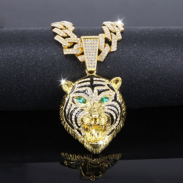Unisex Domineering Alloy Three Dimensional Full Diamond Tiger Head Pendant Men's Hip Hop Cool Personality Diamond Necklace_ipsvogv.com