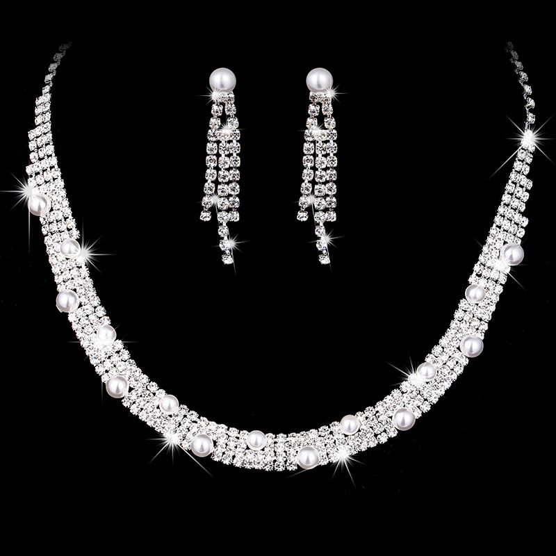 TIERED ELEGANCE 489 - Four-Layer Rhinestone & Pearl Bridal Jewelry Set (Claw Chain Necklace & Earrings, Wedding Accessories)_ipsvogv.com