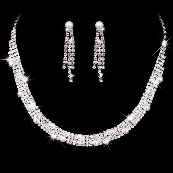 TIERED ELEGANCE 489 - Four-Layer Rhinestone & Pearl Bridal Jewelry Set (Claw Chain Necklace & Earrings, Wedding Accessories)_ipsvogv.com