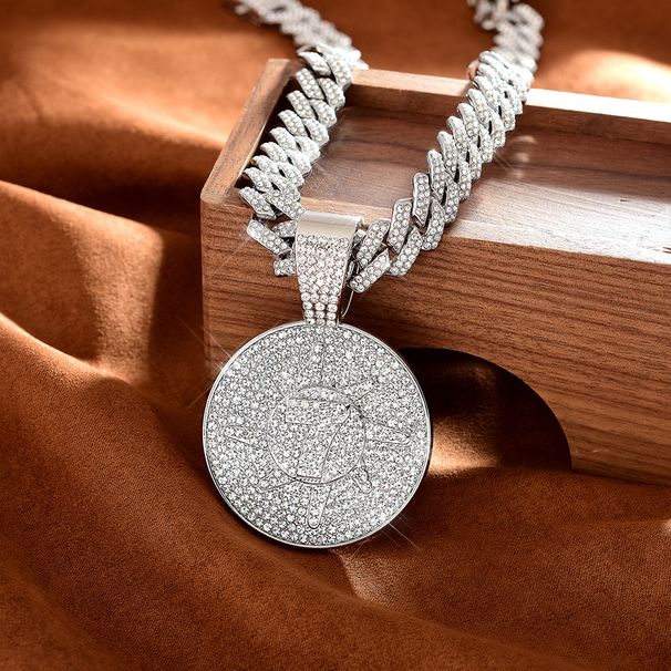 Sun Round Hip-Hop Personality Full Diamond Cuban Chain Pendant_ipsvogv.com