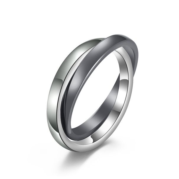 Titanium steel buckle ceramic double ring double circle ring simple cross two color temperament couple hand jewelry pinky ring_ipsvogv.com