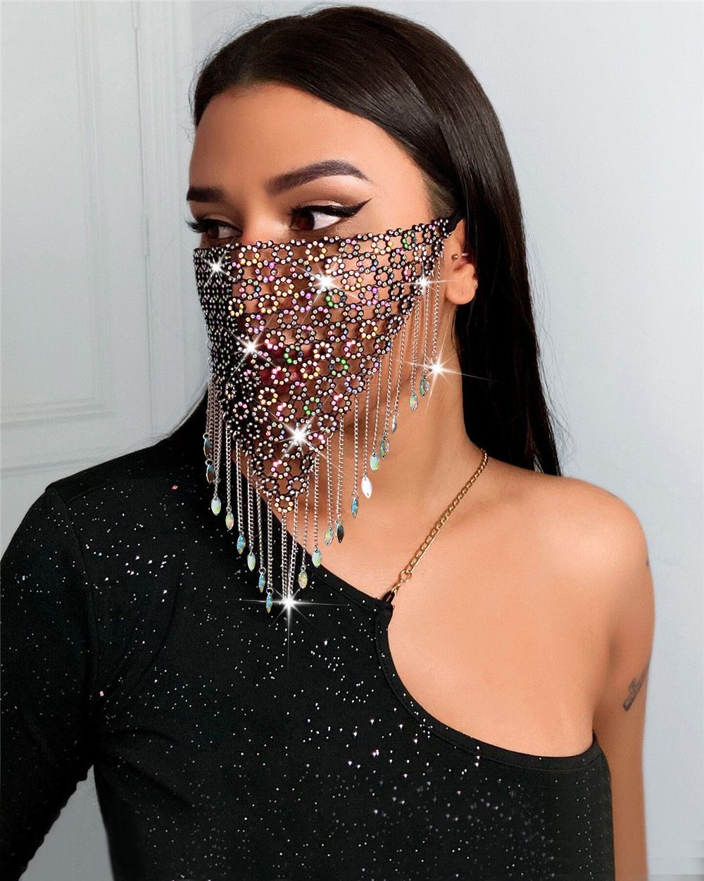Women's fashion show grid rhinestone jewelry metal metal tassel rhinestone mask nightclub party accessories_ipsvogv.com