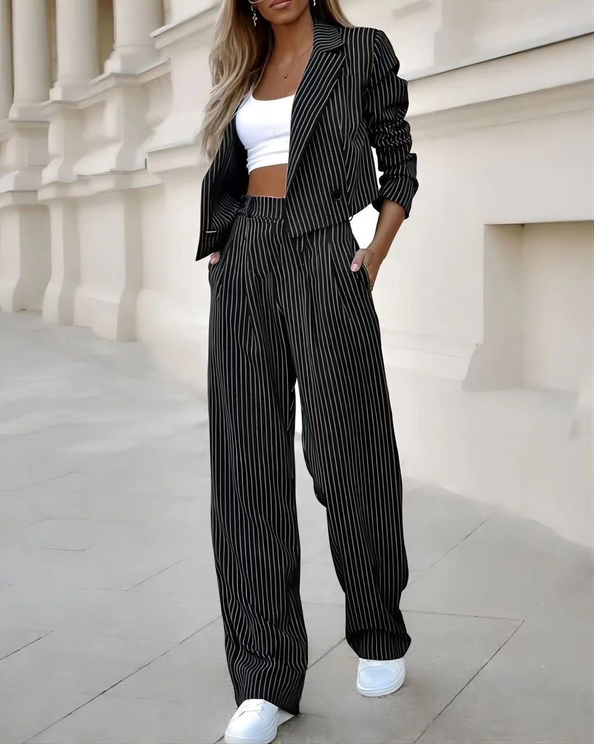 Women's Clothing temperament casual striped short lapel suit straight pants suit_ipsvogv.com