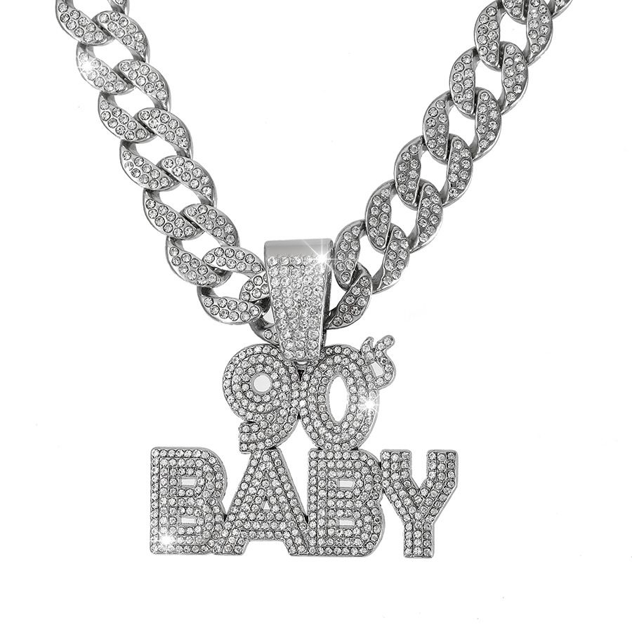 Unisex Hot Selling Hip Hop Letter Necklace Men's Retro Personality Alloy Full Diamond 90'S BABY Pendant_ipsvogv.com