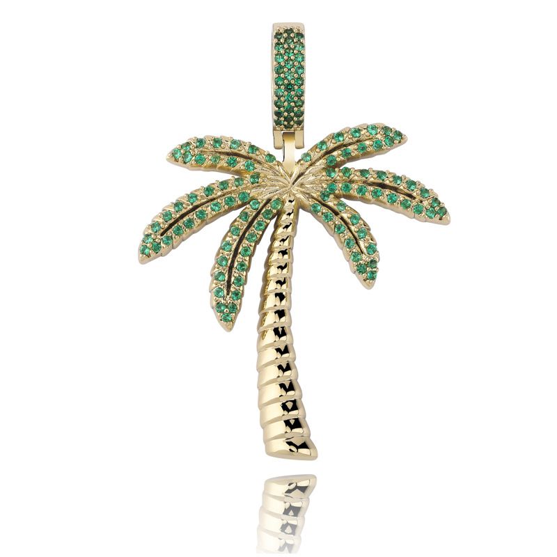 Men's Hip Hop Jewelry - Solid Coconut Tree Pendant With Micro-Inlaid Colored Zirconia, 24" Rope Chain Included (Gold/Silver) Hip Hop Jewelry_ipsvogv.com