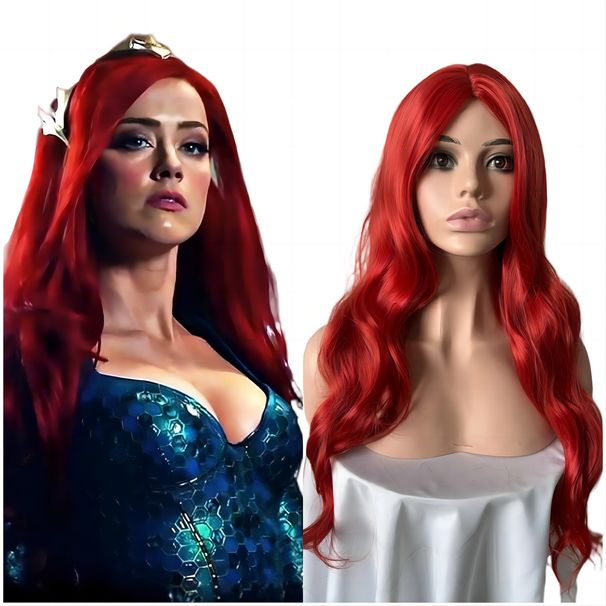 Halloween Wig Female Aquaman 2 Red Middle parted Long Curly Hair Full Head Set Mermaid COS Anime Full Hair Set_ipsvogv.com