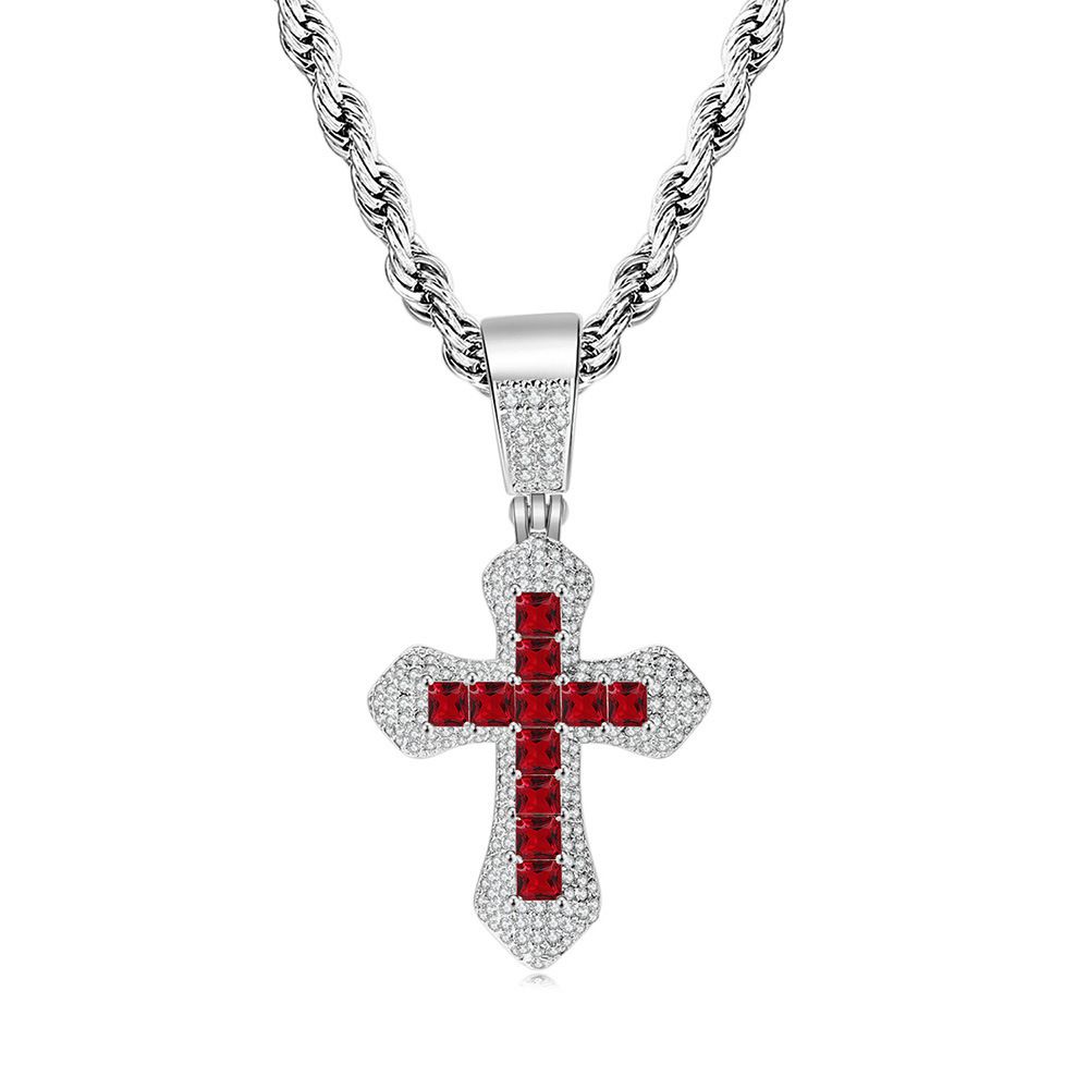 Unisex popular square colored zircon cross pendant new personality full diamond necklace trendy hip hop jewelry_ipsvogv.com