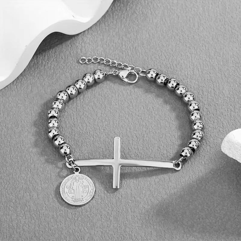 Stainless Steel Round Bead For Men And Women Cross Pendant Bracelet_ipsvogv.com