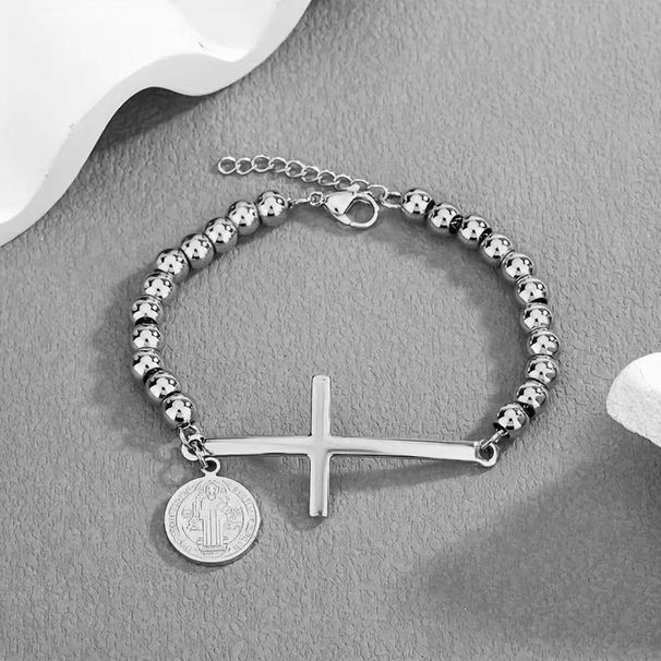 Stainless Steel Round Bead For Men And Women Cross Pendant Bracelet_ipsvogv.com