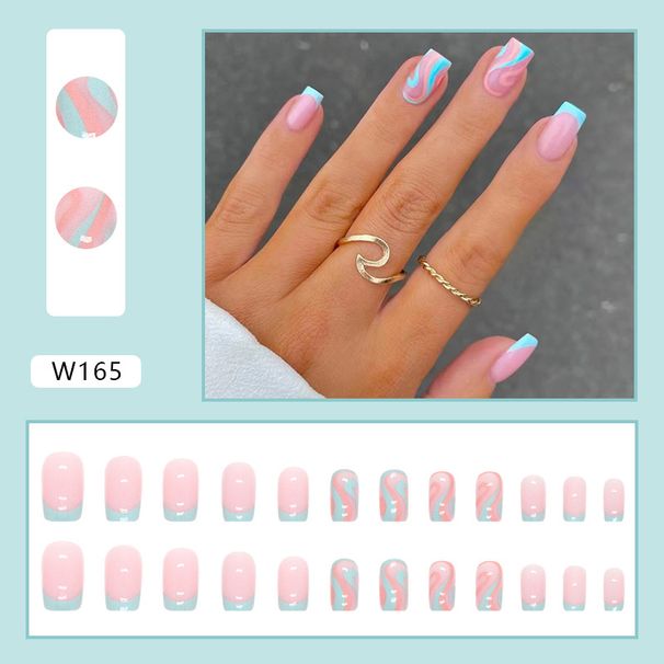 Medium and long square nails foreign trade cross border nail pieces lake blue ripple wear nails summer cool fresh natural nail pieces_ipsvogv.com