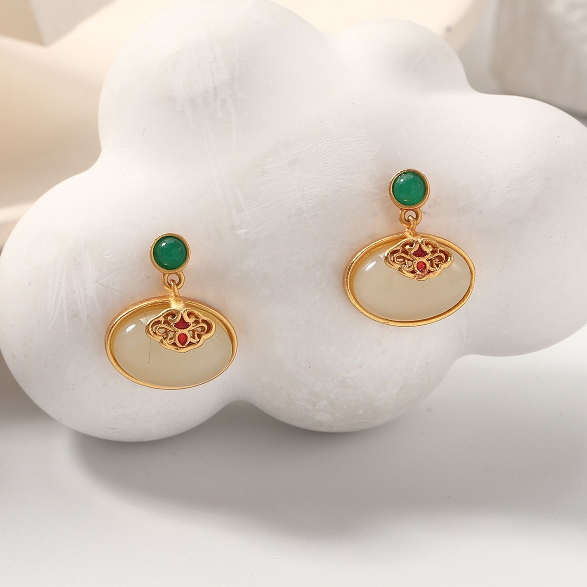 New Chinese Hetian Jade Enamel Earrings For Women High End Temperament Oval Niche Earrings Retro Earrings_ipsvogv.com