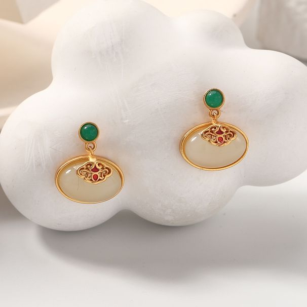 New Chinese Hetian Jade Enamel Earrings For Women High End Temperament Oval Niche Earrings Retro Earrings_ipsvogv.com