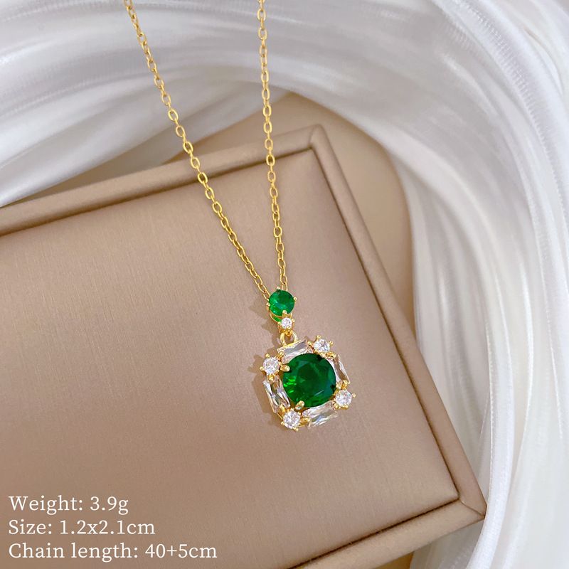 【 】 Square Green Fashionable Light Luxury Charm Gorgeous Full Diamond Necklace Women's Versatile Clavicle Chain Titanium_ipsvogv.com