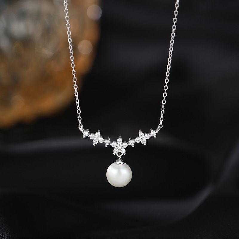999 Pure Silver Floral Pearl Necklace, Women's French Style Small Fragrance Elegant Temperament, Collarbone Chain Simple_ipsvogv.com