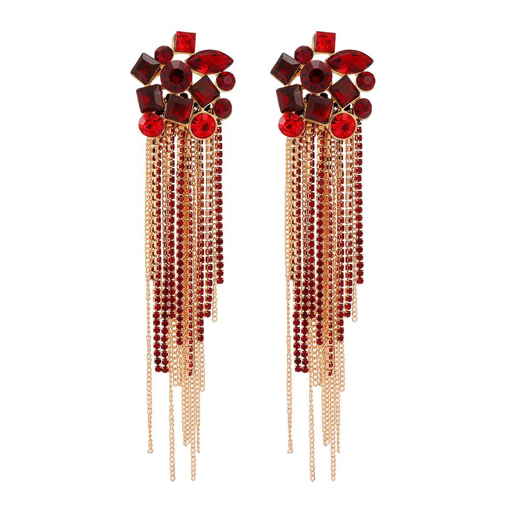 Elegant and fashionable retro geometric metal hollow rhinestone tassel chain earrings for women, versatile and high end jewelry_ipsvogv.com