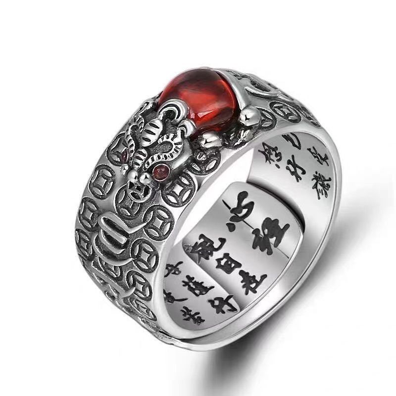 Tai Yin Wealth Attraction Pixiu Six Character Mantra Garnet Personality Auspicious And Atmospheric Vintage Creative Ring_ipsvogv.com