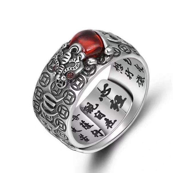 Tai Yin Wealth Attraction Pixiu Six Character Mantra Garnet Personality Auspicious And Atmospheric Vintage Creative Ring_ipsvogv.com