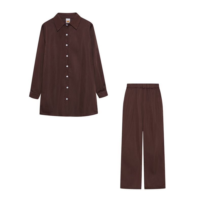 Women's Clothing long sleeved temperament commuter skin color linen solid color slit long shirt and wide leg pants set_ipsvogv.com