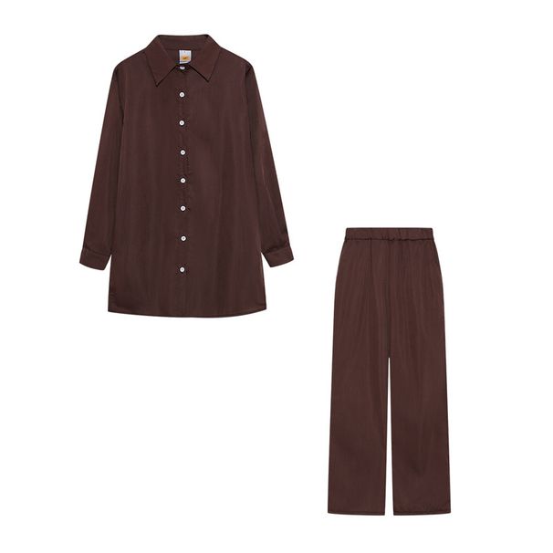 Women's Clothing long sleeved temperament commuter skin color linen solid color slit long shirt and wide leg pants set_ipsvogv.com