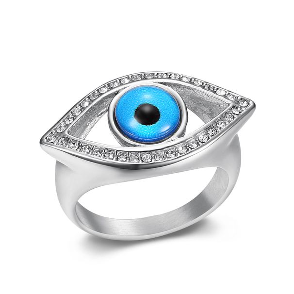 Hot Selling Stainless Steel Gold Plated Inlaid Diamond Blue Angel Eye Hip Hop Men's Ring_ipsvogv.com