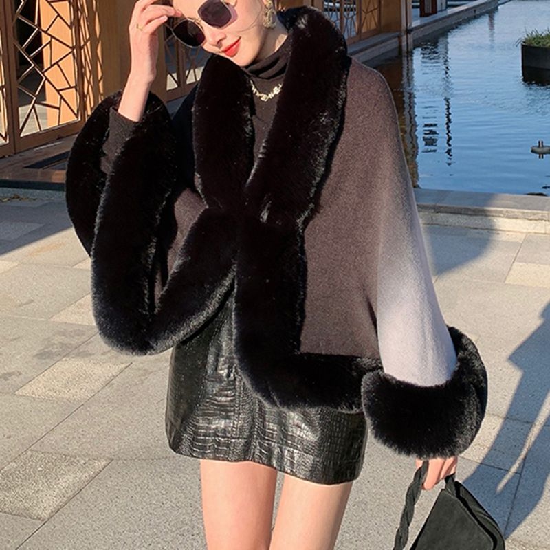 Women's Clothing New rex rabbit fur collar gradien autumn and winter shawl cape large size women's knitted cardigan jacket_ipsvogv.com