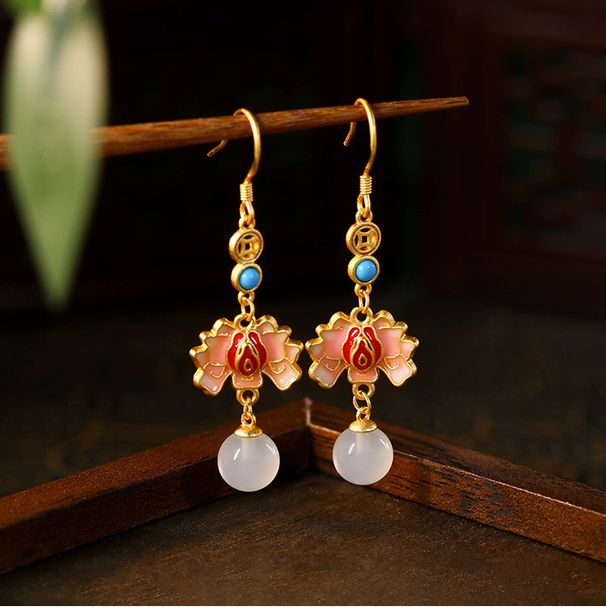 New Chinese China-Chic Jewelry Enamel Painted Lucky Lotus Natural White Jade Pith Small Design Earrings Female_ipsvogv.com
