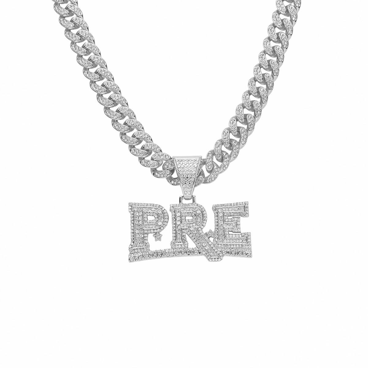 Hot selling full diamond letter PRE pendant necklace with men's punk style Cuban chain and personalized accessories_ipsvogv.com