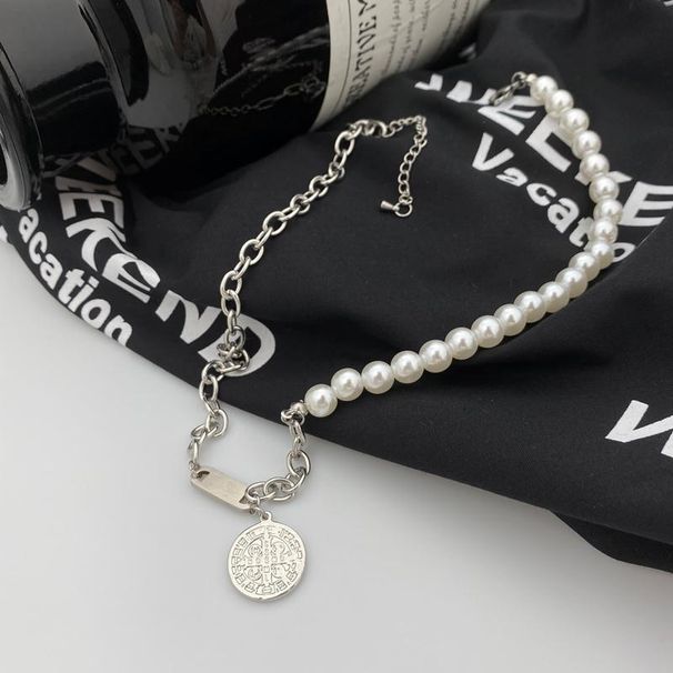 Retro Cold Style Pearl Chain Splicing Round Brand Trend Hip Hop Titanium Steel Necklace Fashionable Light Luxury_ipsvogv.com
