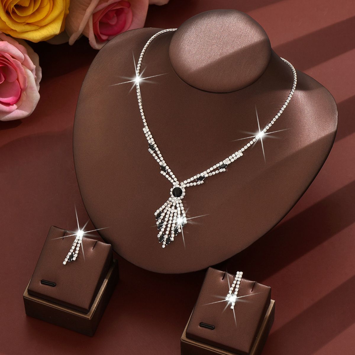 Women’s Jewelry Set Fashion Rhinestone Necklace Earrings Two Piece Set Fashionable Bridal Suit Dress Accessories_ipsvogv.com