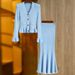 Women's Clothing autumn new knitted skirt trumpet sleeve top + fishtail hip skirt V neck hollow waist skirt_ipsvogv.com