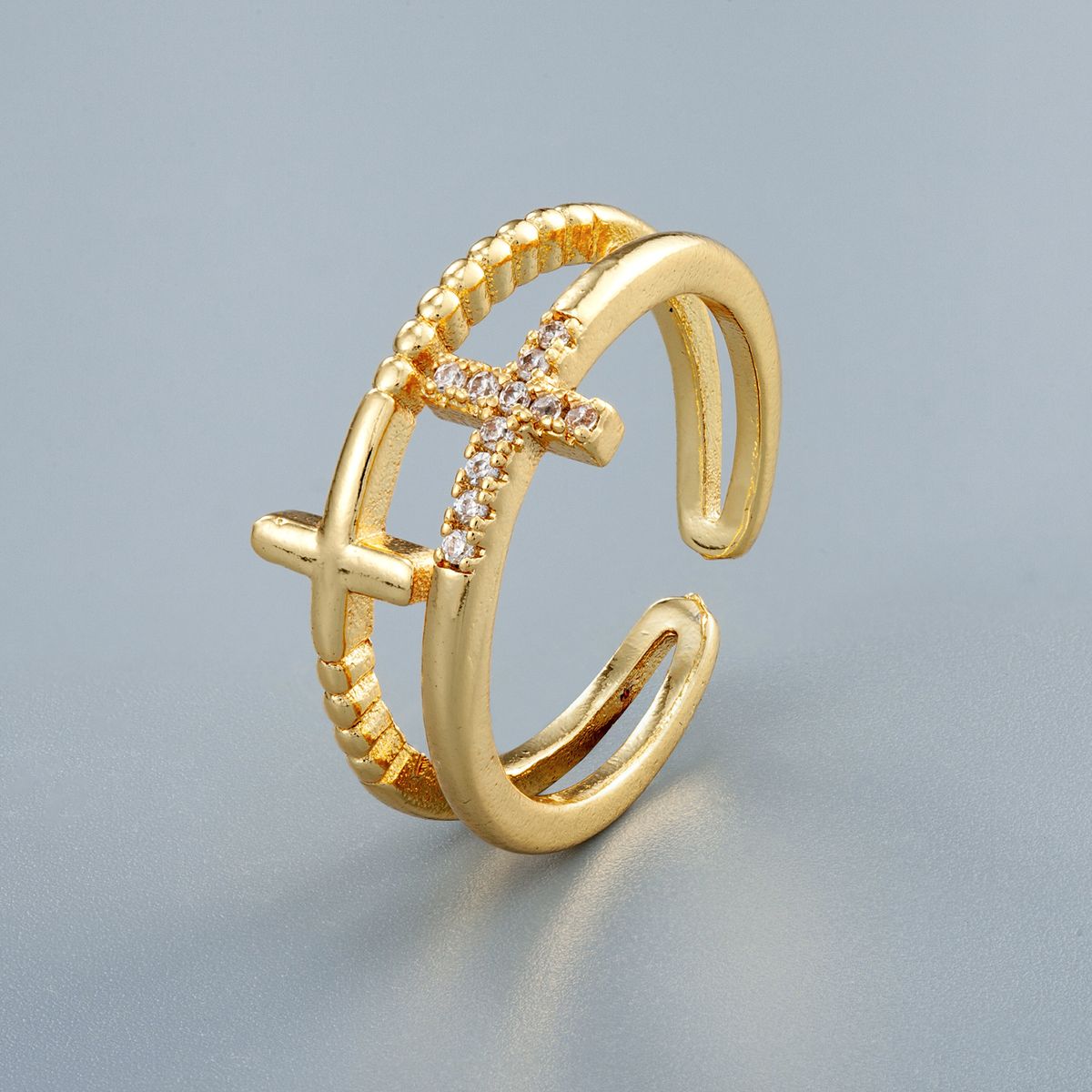Popular Double Layer Diamond Zircon CZ Cross Ring Female Gold And Silver Index Finger Ring Opening Adjustable Hand Jewelry_ipsvogv.com