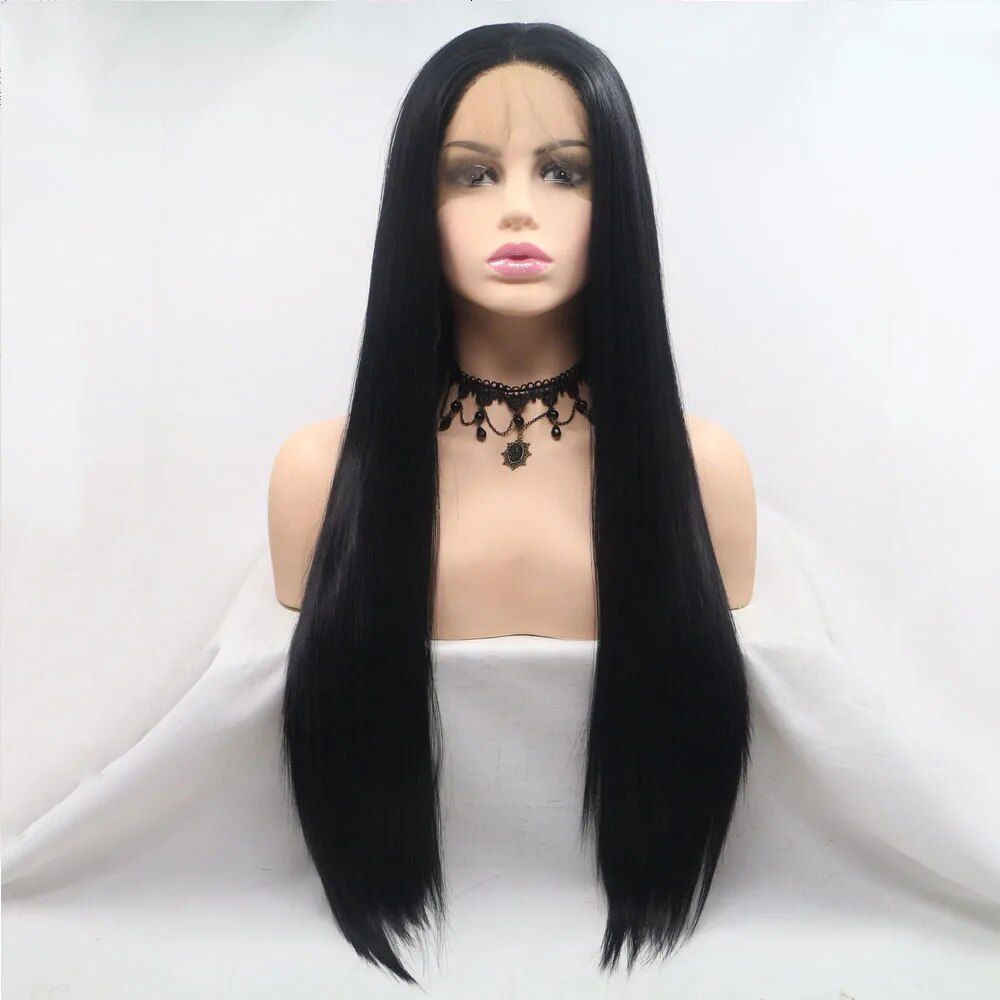 hot selling 1B# Wigs Long Silky Straight Black 13x3 Lace Wig for Women Heat Resistant Fiber Hair Replaceme_ipsvogv.com