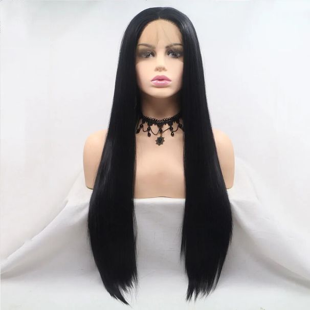 hot selling 1B# Wigs Long Silky Straight Black 13x3 Lace Wig for Women Heat Resistant Fiber Hair Replaceme_ipsvogv.com