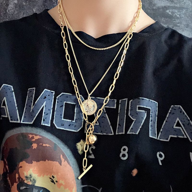 Metal Hip-hop Trampoline, Internet Celebrity Instagram Style Portrait, OT Buckle Pendant, Collarbone Chain, Multi-layer_ipsvogv.com