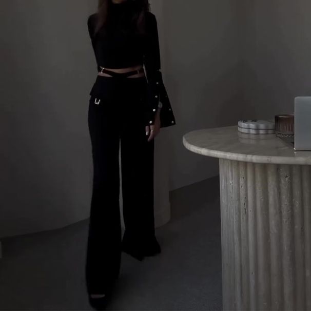 Women's clothing border high collar solid color navel exposed sweet and spicy loose wide leg suit for women_ipsvogv.com