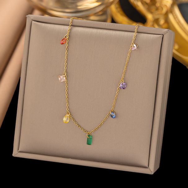 Korean Version Of Girls' Summer Rainbow Colored Diamond Necklace Versatile Handmade Titanium Steel Gold Pendant_ipsvogv.com