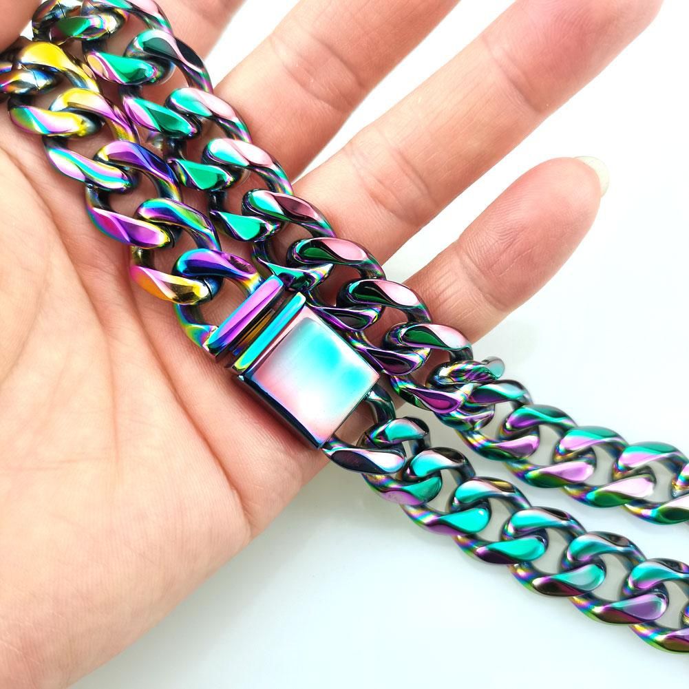 15mm 316L Stainless Steel Man's Rainbow Iridescent Hip Hop Long Necklace_ipsvogv.com