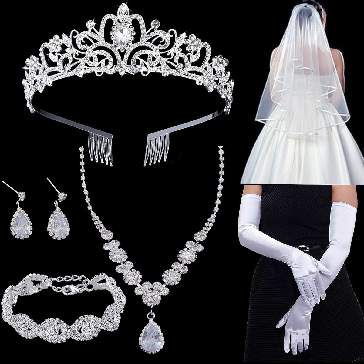 Wedding Hair Veil Crown Dress Satin Gloves Necklace Earrings Bracelet Bride Jewelry Combination Set Jewelry Set_ipsvogv.com