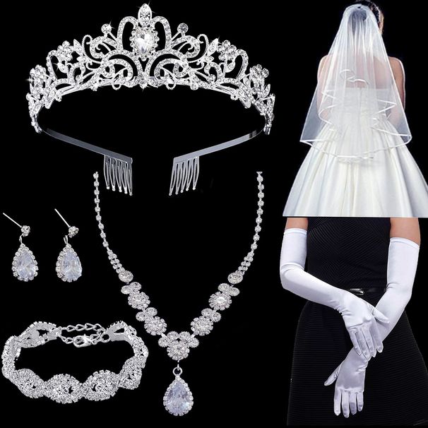 Wedding Hair Veil Crown Dress Satin Gloves Necklace Earrings Bracelet Bride Jewelry Combination Set Jewelry Set_ipsvogv.com
