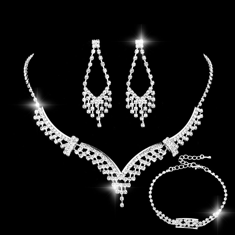 Cross Mirror Bridal Jewelry Set - Crystal Rhinestone Necklace, Earrings & Bracelet For Wedding_ipsvogv.com