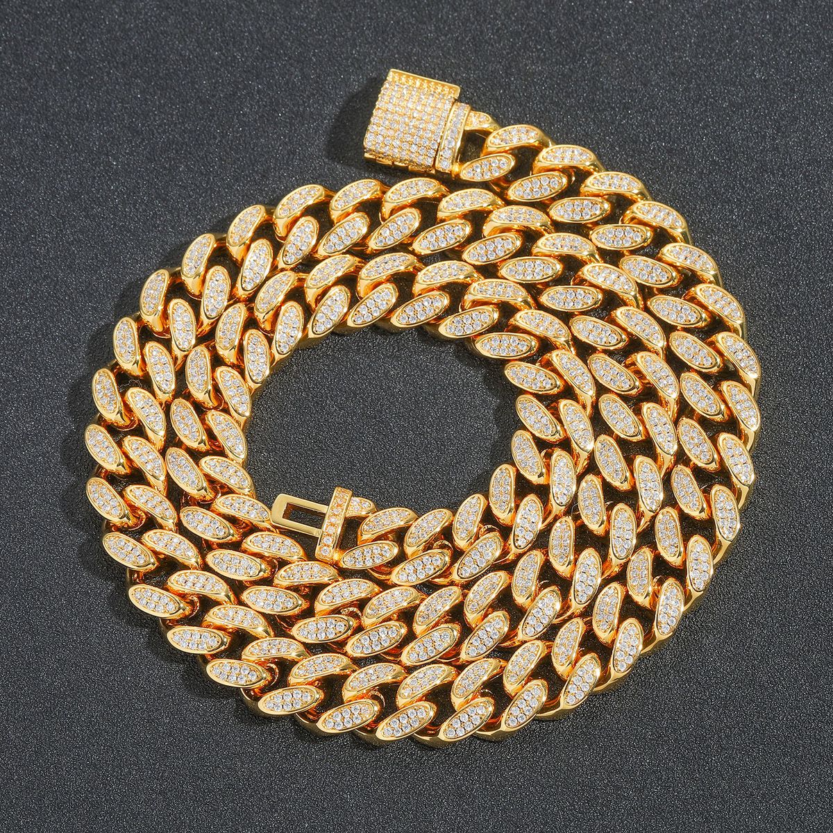 Men’s Jewelry Set Fashion Hip Hop Zircon Necklace 12mm Flip Buckle Double Row Full Diamond Cuban Chain Trendy Personality Men's Hip Hop Necklace_ipsvogv.com