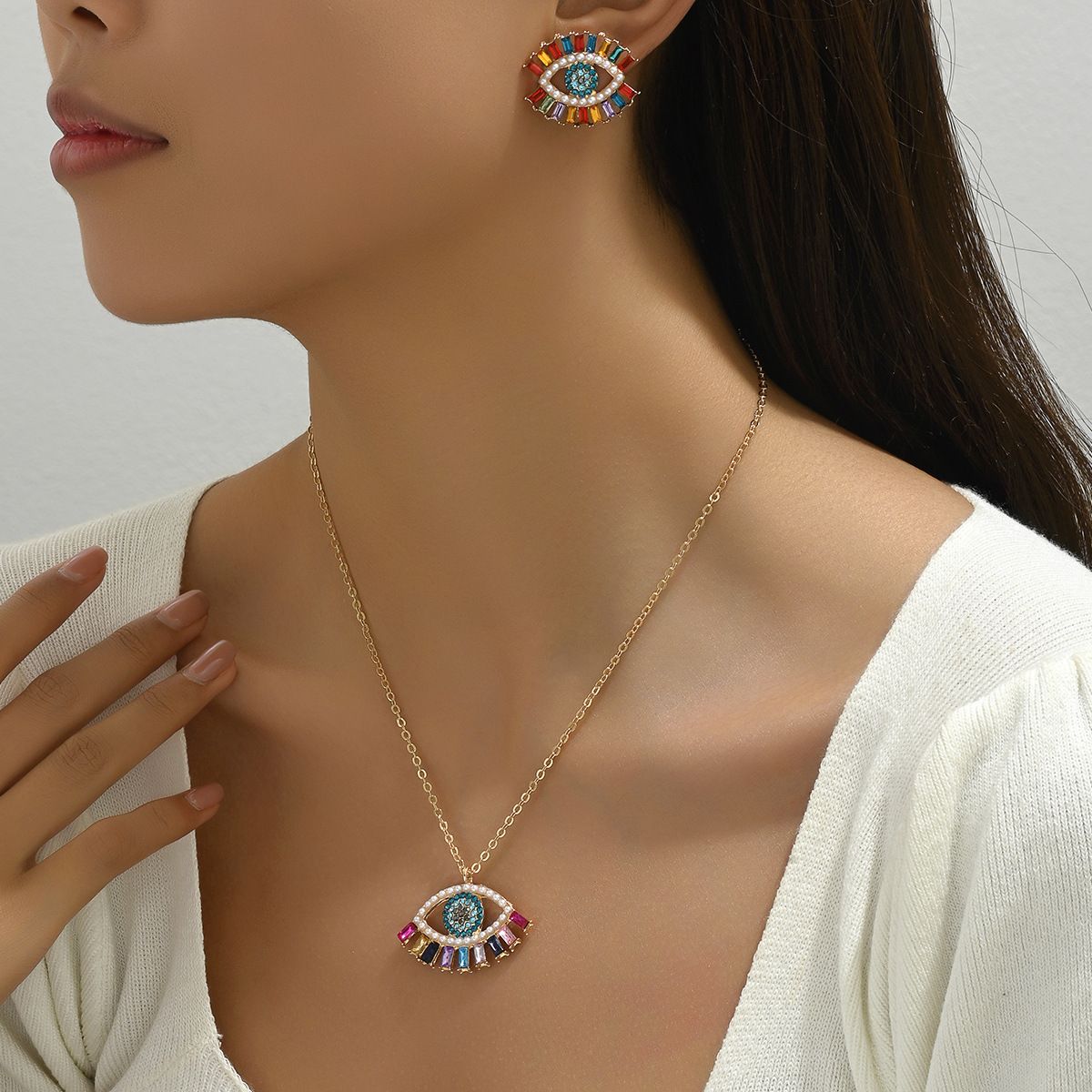 Ins Hip Hop Minimalist Style Female Personality Angel Eye Design Diamond Inlaid Earrings Versatile Long Necklace_ipsvogv.com