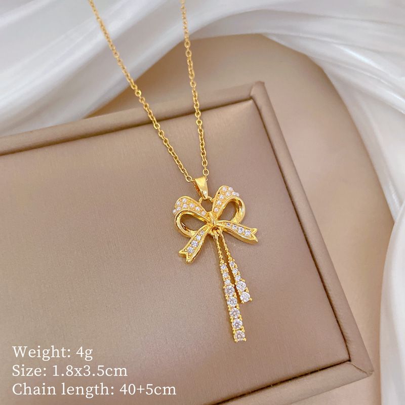 【 Titanium Steel 】 Necklace Earring Light Luxury Full Diamond Bow tassel Personalized Temperament Banquet Earrings and_ipsvogv.com
