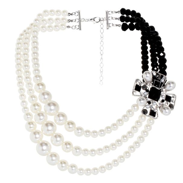 Fashionable diamond studded geometric square pearl multi-layer necklace NK23600_ipsvogv.com