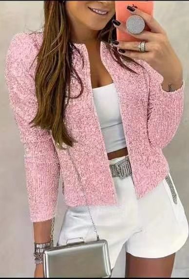 Women's round neck long-sleeved solid color cardigan casual versatile sequined jacket_ipsvogv.com